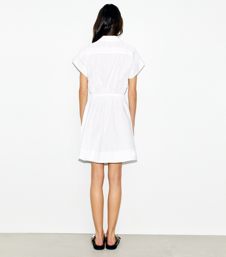 Tory Burch designer dresses Cotton Poplin Shirtdress in White on model back