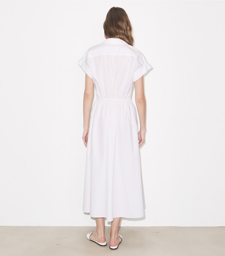 Tory Burch designer dresses Cotton Poplin Shirtdress in White on model back