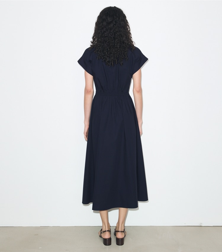 Tory Burch designer dresses Cotton Poplin Shirtdress in Medium Navy on model back