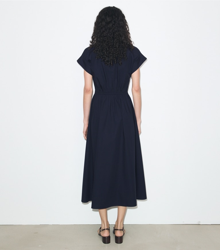 Tory Burch designer dresses Cotton Poplin Shirtdress in Medium Navy on model back