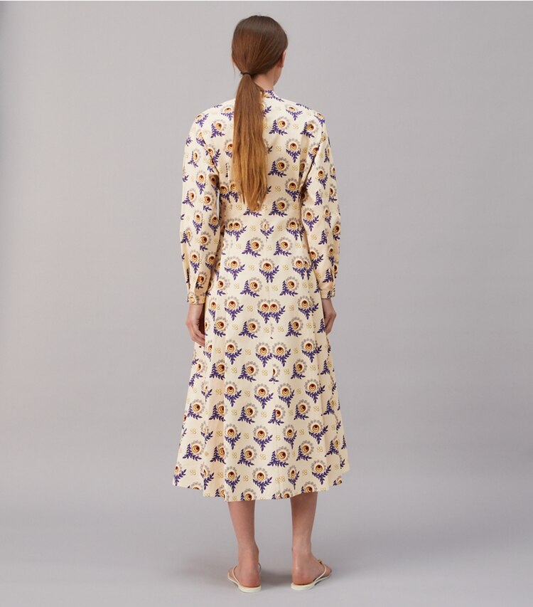 Tory Burch designer dresses Cotton Poplin Shirtdress in FRENCH CREAM MODERNIST BLOOM on model back