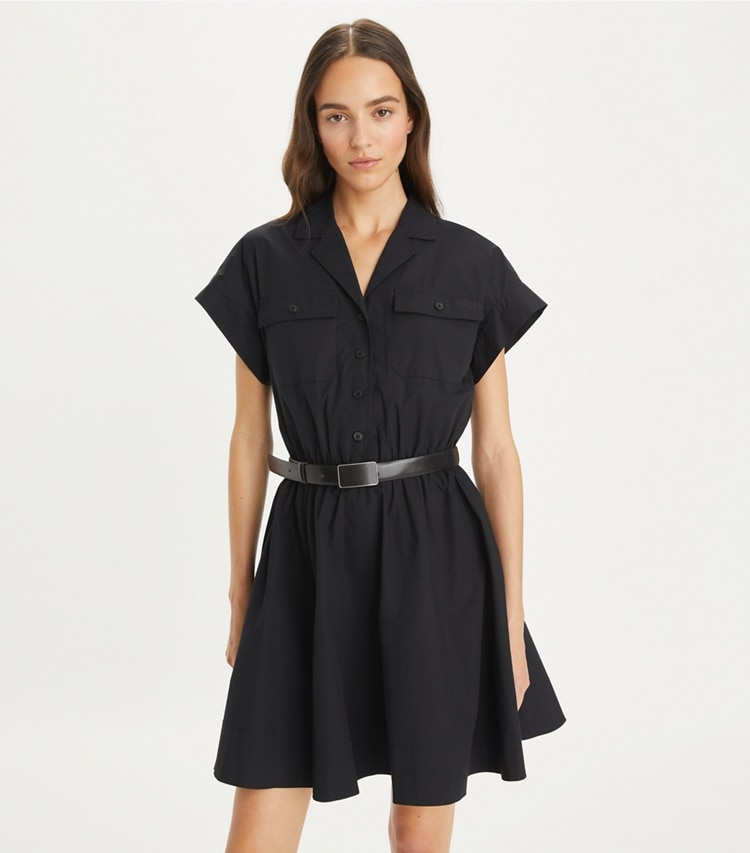 Tory Burch designer dresses Cotton Poplin Shirtdress in Black on model detail