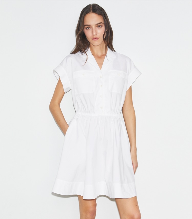 Tory Burch designer dresses Cotton Poplin Shirtdress in White on model detail