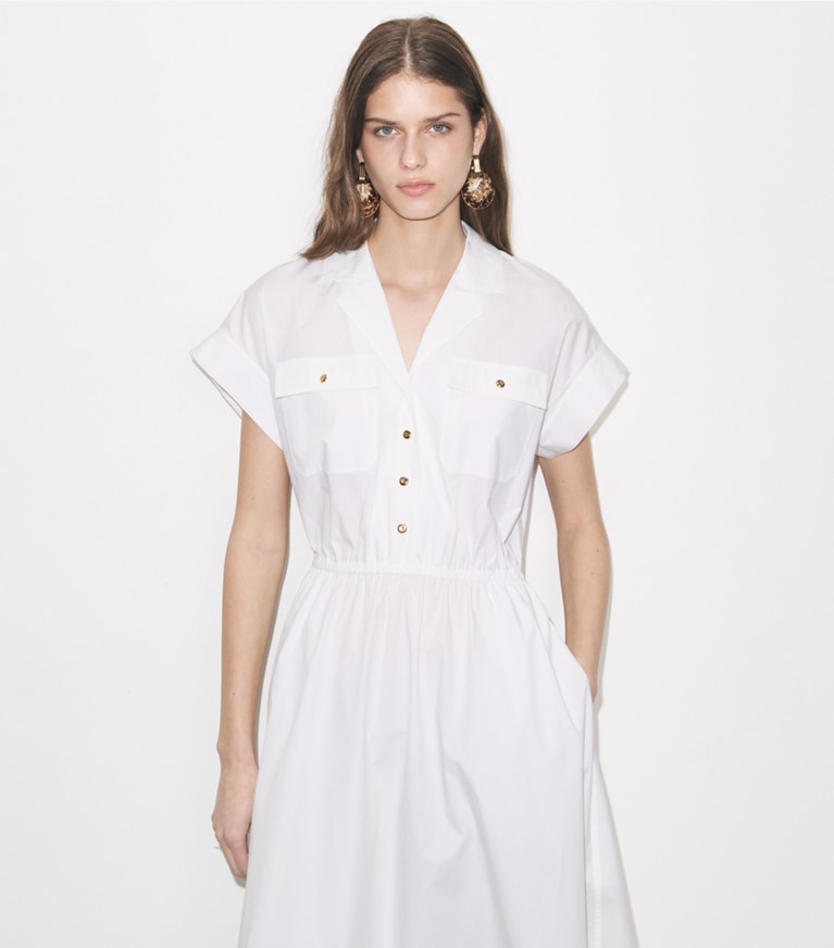 Tory Burch designer dresses Cotton Poplin Shirtdress in White on model detail
