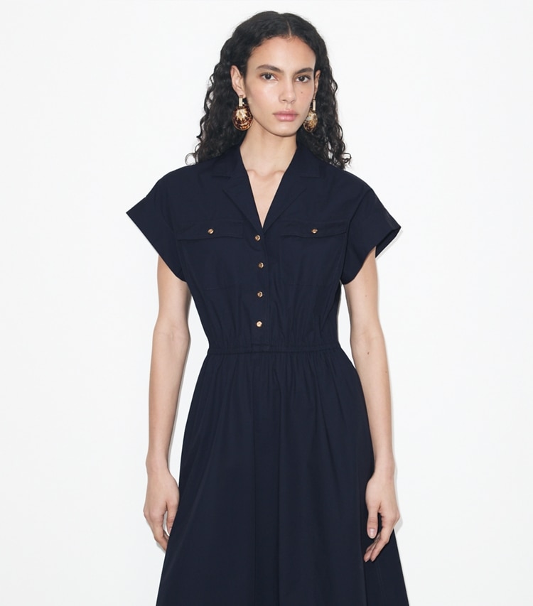 Tory Burch designer dresses Cotton Poplin Shirtdress in Medium Navy on model detail