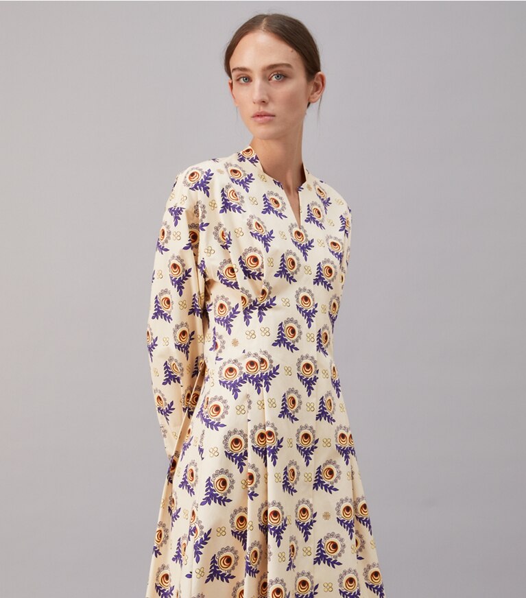 Tory Burch designer dresses Cotton Poplin Shirtdress in FRENCH CREAM MODERNIST BLOOM front
