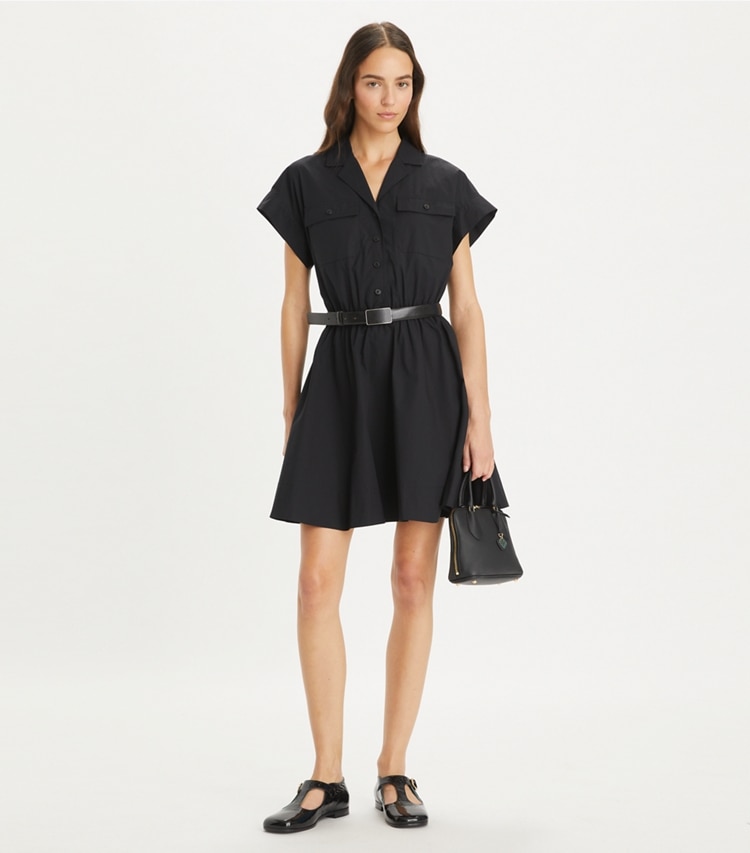 Tory Burch designer dresses Cotton Poplin Shirtdress in Black on model front