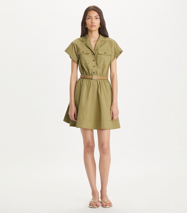 Tory Burch designer dresses Cotton Poplin Shirtdress in Stone Moss on model front