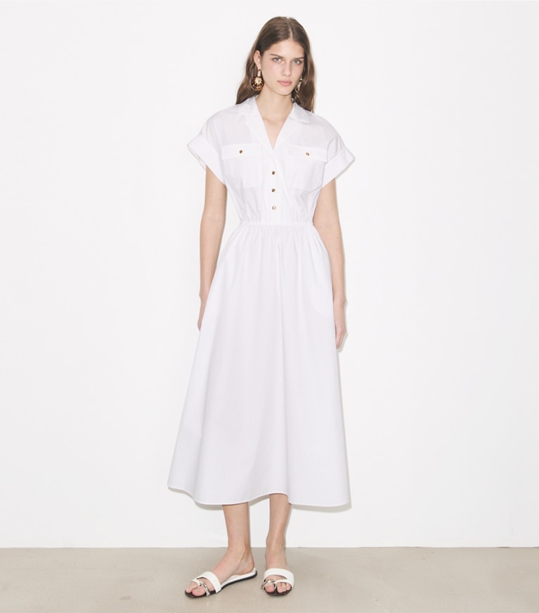Tory Burch designer dresses Cotton Poplin Shirtdress in White on model front
