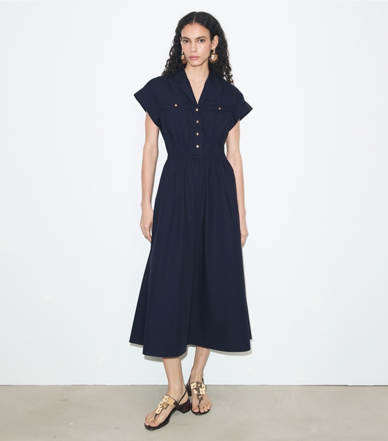 Tory Burch designer dresses Cotton Poplin Shirtdress in Medium Navy on model front