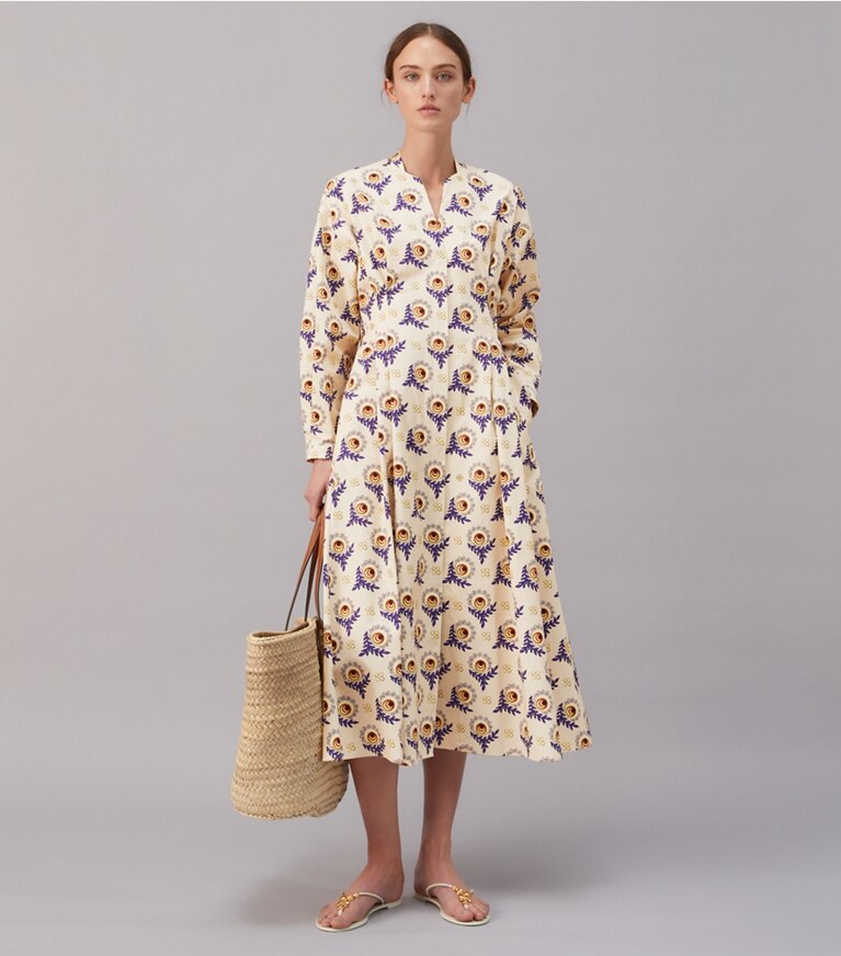Tory Burch designer dresses Cotton Poplin Shirtdress in FRENCH CREAM MODERNIST BLOOM front