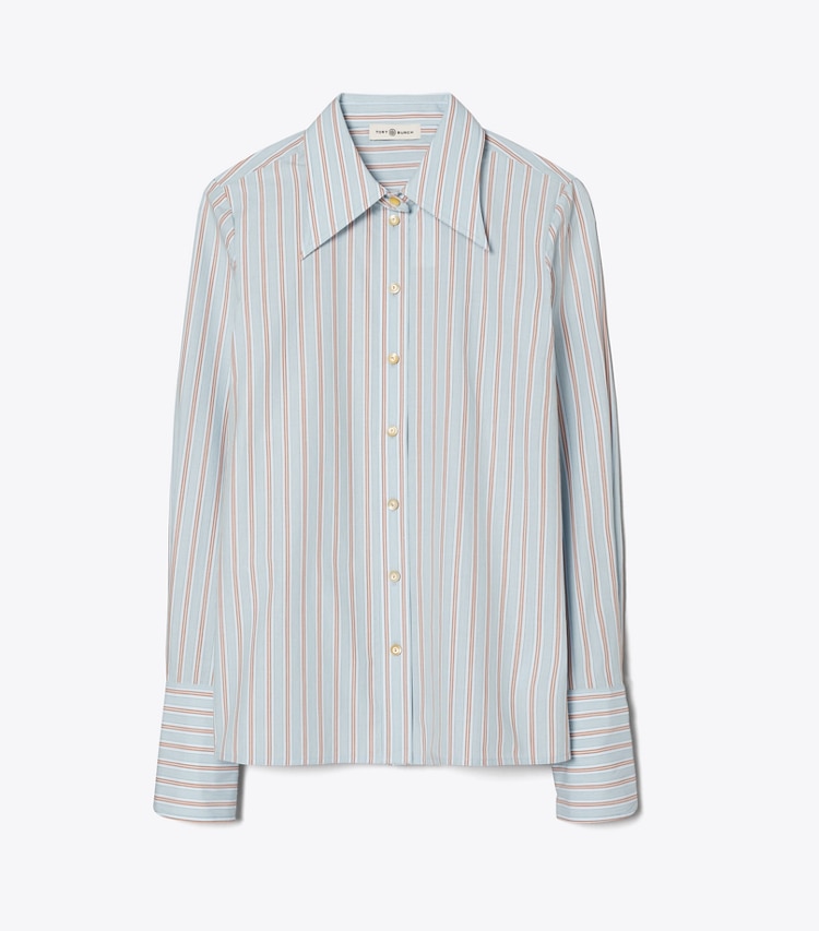 Tory Burch designer tops Cotton Poplin Striped Shirt in BLUE / ORANGE STRIPE front