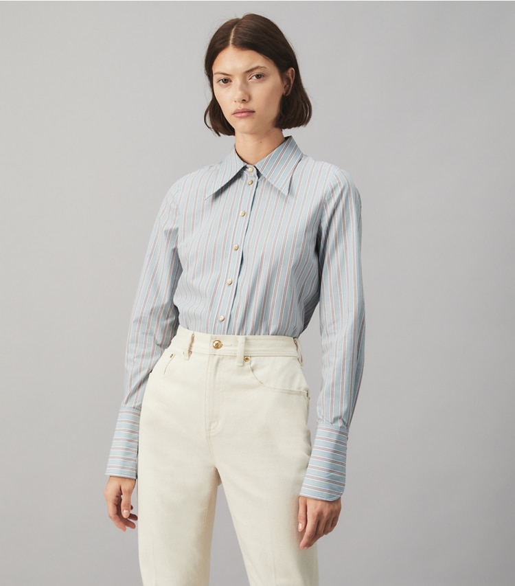 Tory Burch designer tops Cotton Poplin Striped Shirt in BLUE / ORANGE STRIPE on model detail
