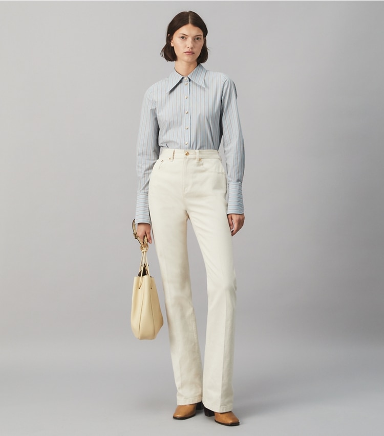 Tory Burch designer tops Cotton Poplin Striped Shirt in BLUE / ORANGE STRIPE on model front