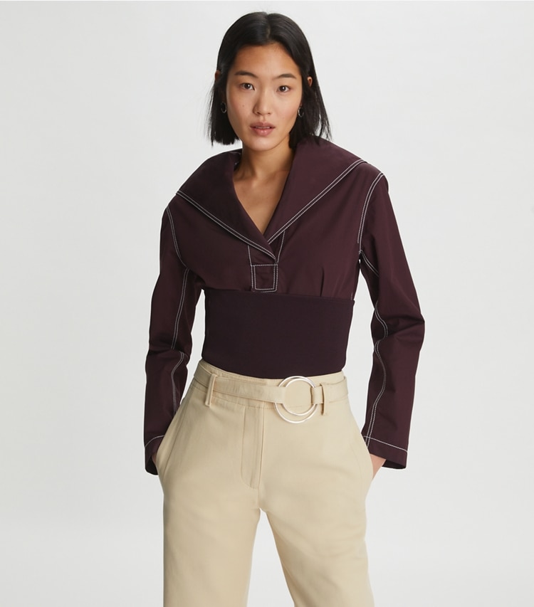 Tory Burch designer tops Cotton Poplin Top in Evening Plum on model detail