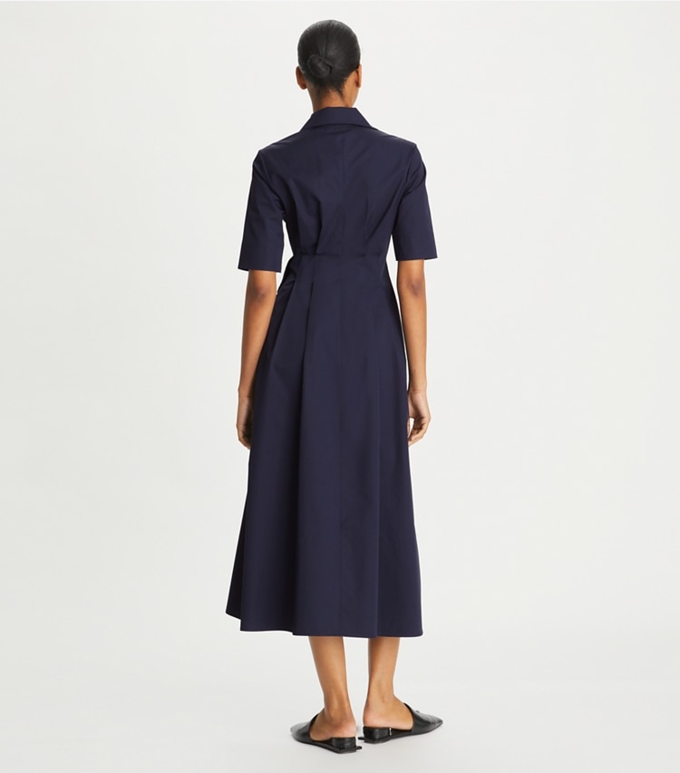 Tory Burch designer dresses Cotton Poplin Wrap Shirtdress in Tory Navy on model back
