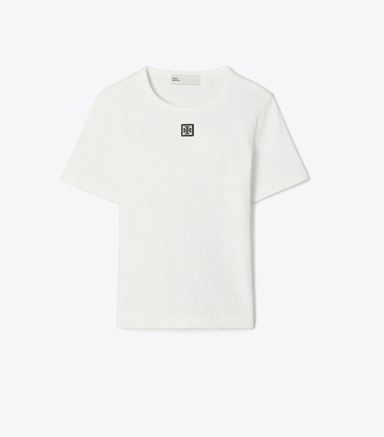 Tory Sport designer tops Cotton Rib T-Shirt in Snow White front