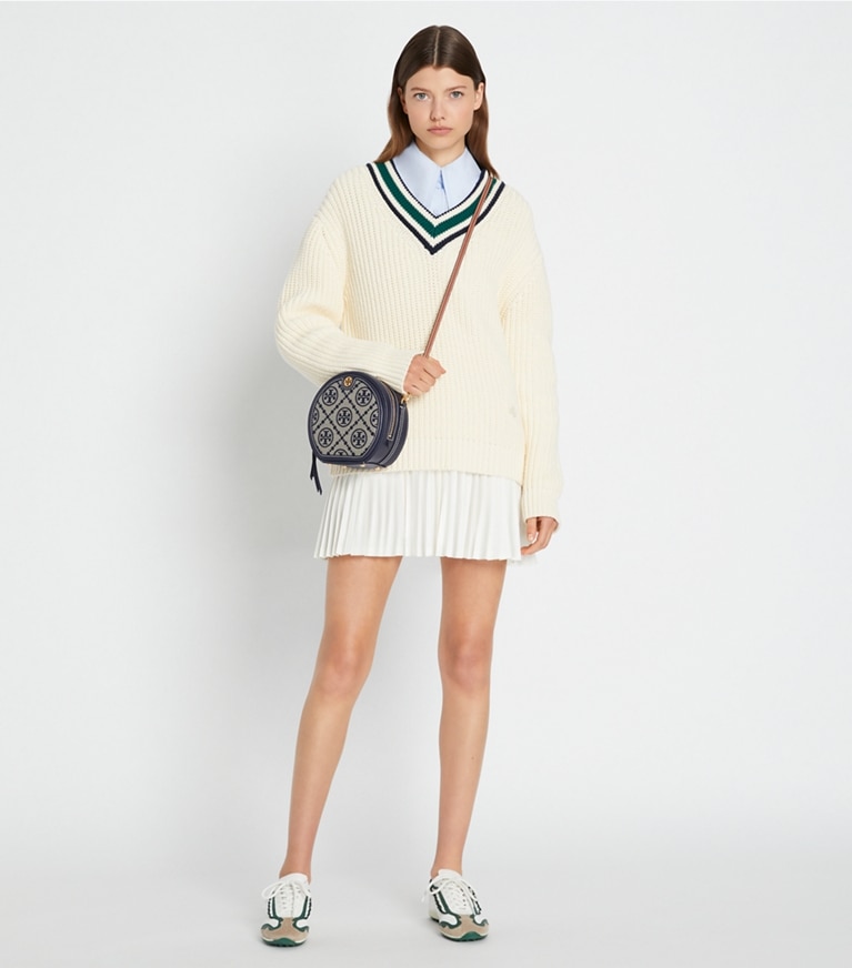 Tory Sport designer sweaters Cotton Ribbed Chevron V-Neck Sweater in NEW IVORY / Evergreen front