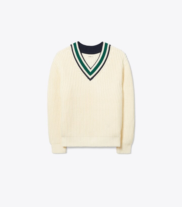 Tory Sport designer sweaters Cotton Ribbed Chevron V-Neck Sweater in NEW IVORY / Evergreen front