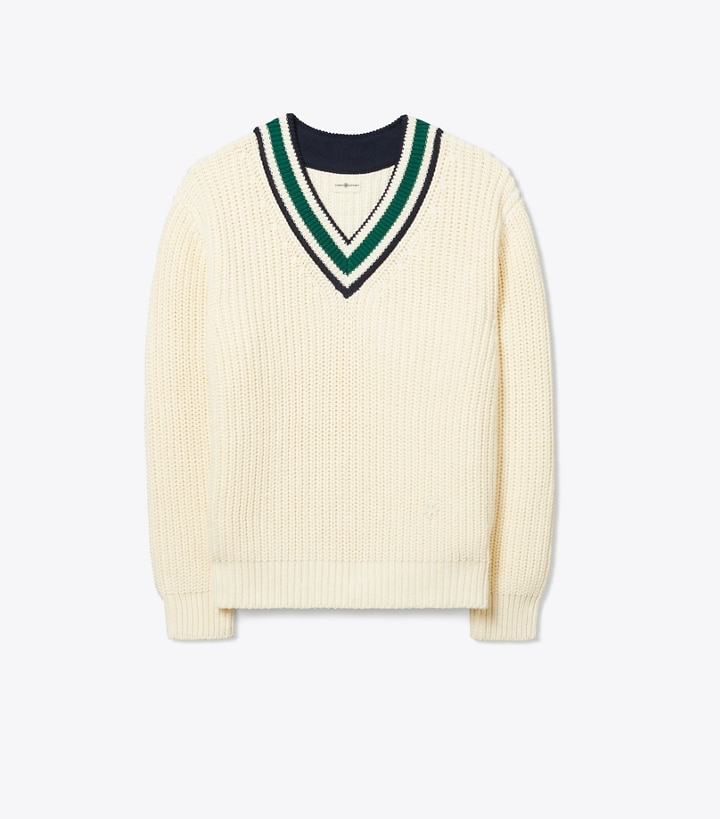 Cotton Ribbed Chevron V-Neck Sweater: Women's Designer Sweaters