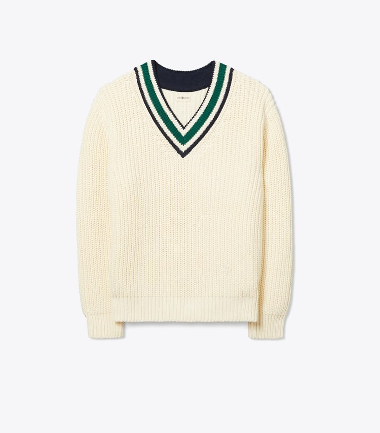 Tory Sport designer sweaters Cotton Ribbed Chevron V-Neck Sweater in NEW IVORY / Evergreen front