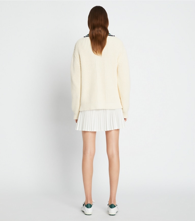 Tory Sport designer sweaters Cotton Ribbed Chevron V-Neck Sweater in NEW IVORY / Evergreen front