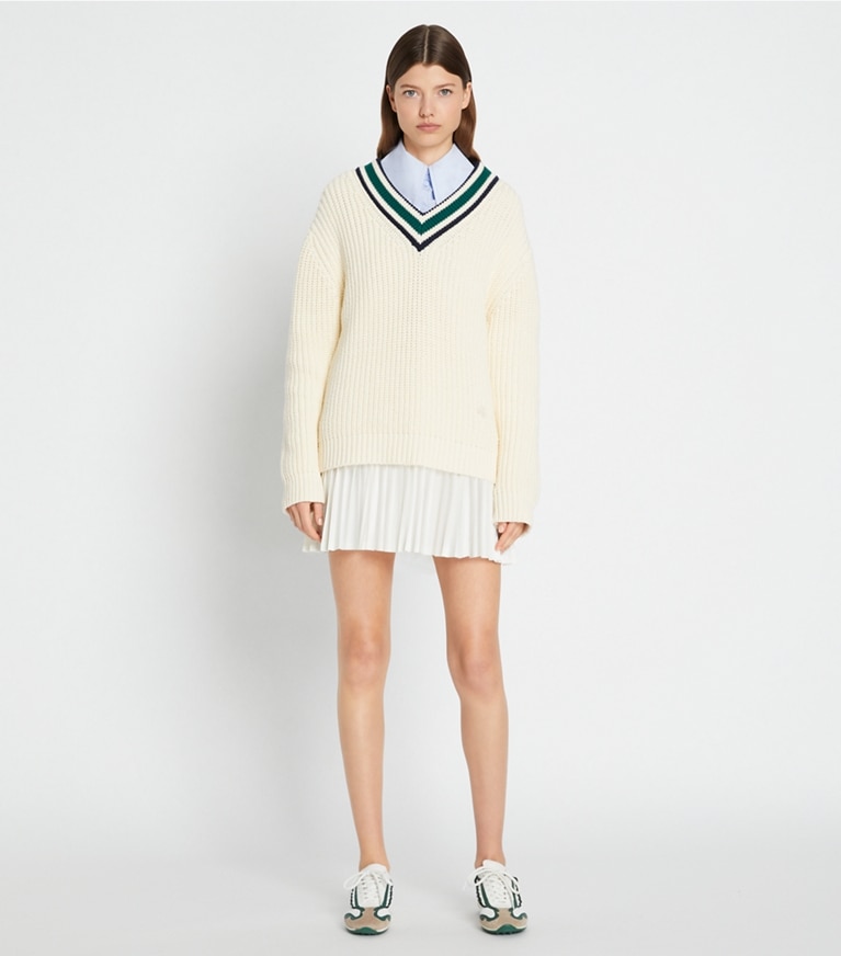 Tory Sport designer sweaters Cotton Ribbed Chevron V-Neck Sweater in NEW IVORY / Evergreen front