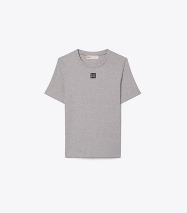 Tory Burch designer tops Cotton Ribbed T-Shirt in Medium Gray Heather front