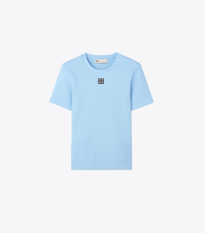 Tory Burch designer トップス コットン リブ Tシャツ in Washed Sky front