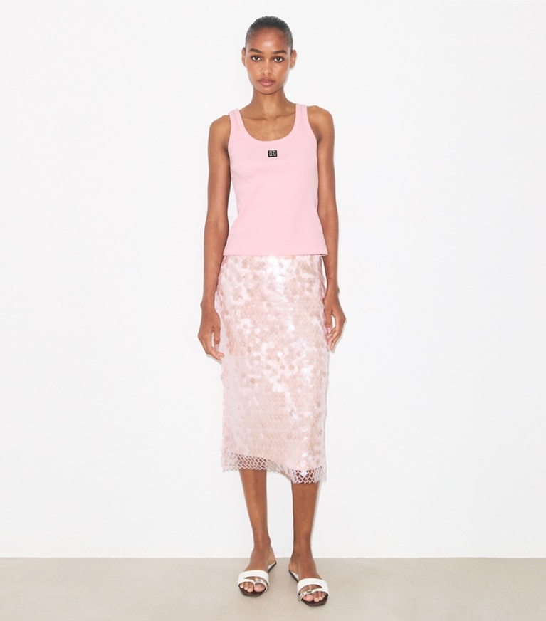 Tory Burch designer トップス コットン スクープ タンクトップ in Light Pink additional on model