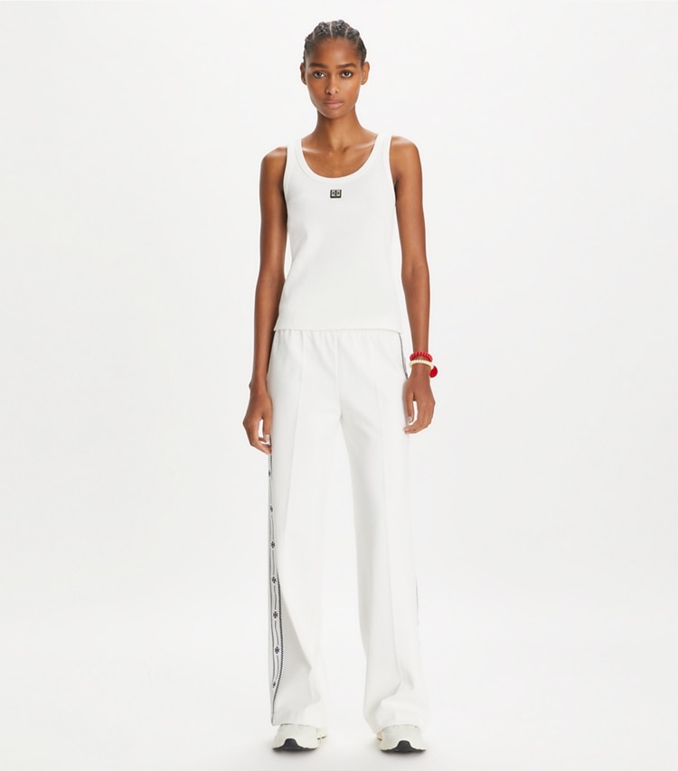 Tory Burch designer tops Cotton Scoop Tank in Snow White on model front