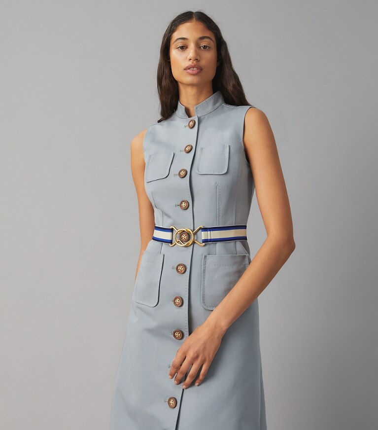 Tory Burch designer dresses Cotton Sgt Pepper Dress in Washed Bluestone front