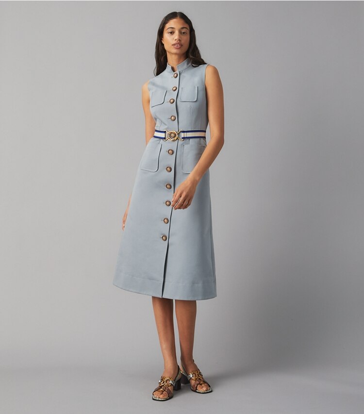 Tory Burch designer dresses Cotton Sgt Pepper Dress in Washed Bluestone on model front