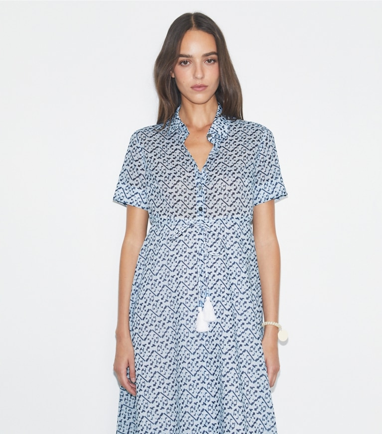 Tory Burch designer カバーアップ コットン シャツドレス in Light Blue Prismatic T Monogram front