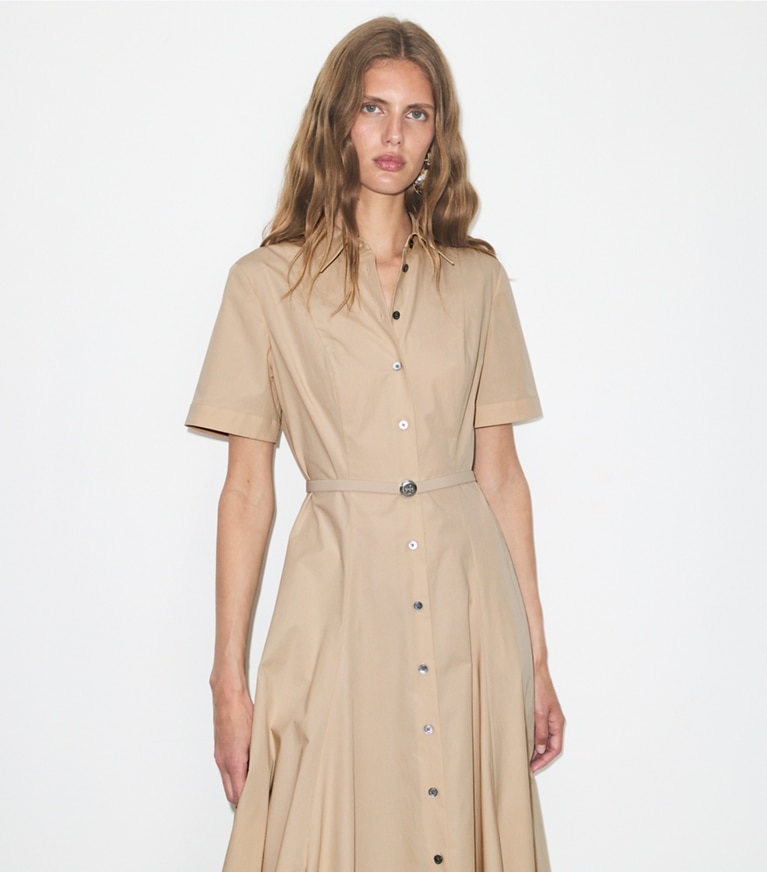 Tory Burch designer dresses Cotton Shirtdress in Pale Sand on model detail