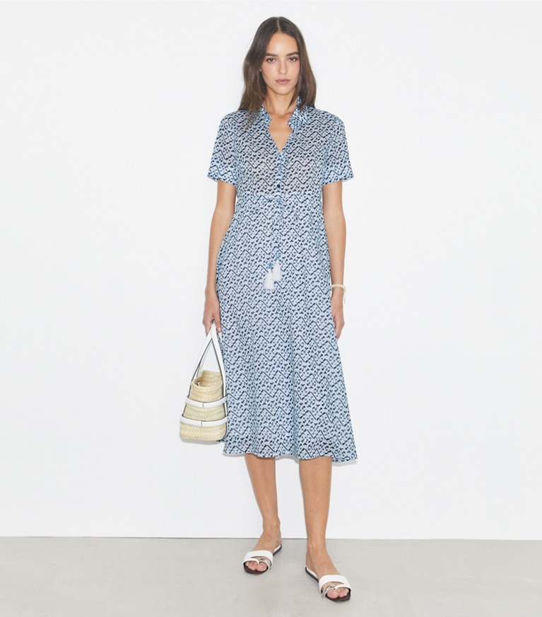 Tory Burch designer カバーアップ コットン シャツドレス in Light Blue Prismatic T Monogram front