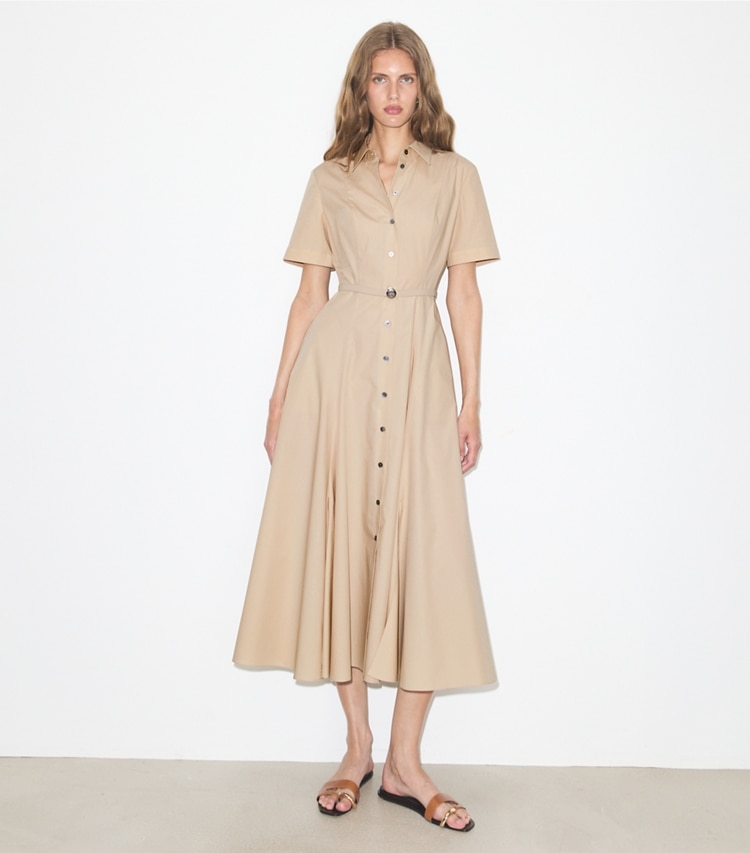 Tory Burch designer dresses Cotton Shirtdress in Pale Sand on model front