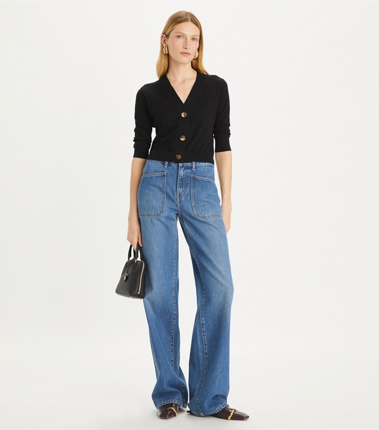 Tory Burch designer セーター コットン シュリンクカーディガン in Black front