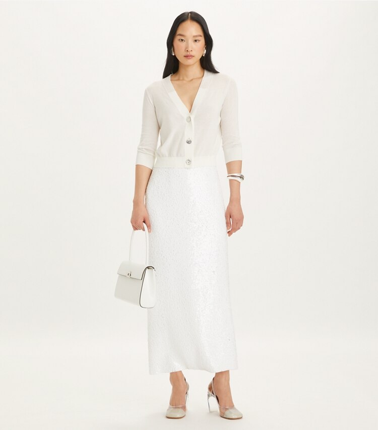Tory Burch designer セーター コットン シュリンクカーディガン in White モデル前面
