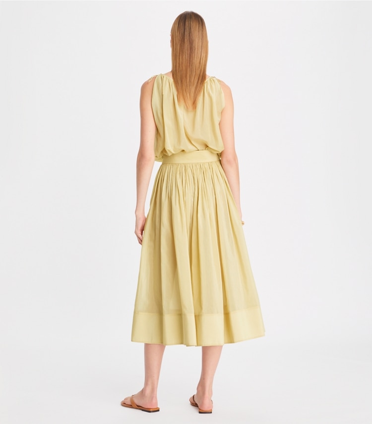 Tory Burch designer coverups Cotton Silk Mid-Length Skirt in Pale Khaki on model back
