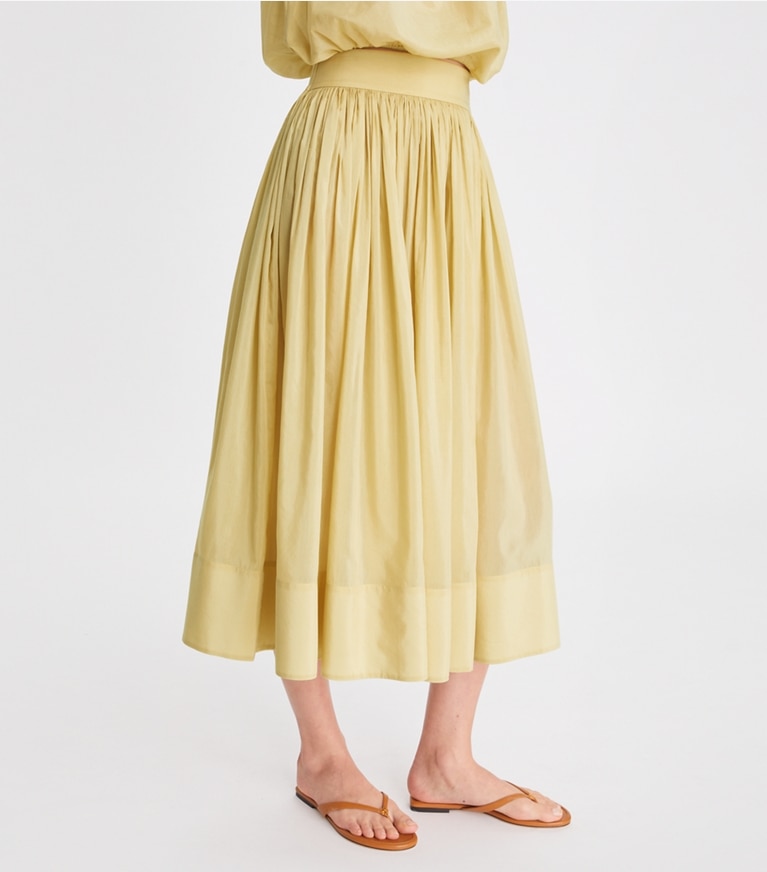Tory Burch designer coverups Cotton Silk Mid-Length Skirt in Pale Khaki front