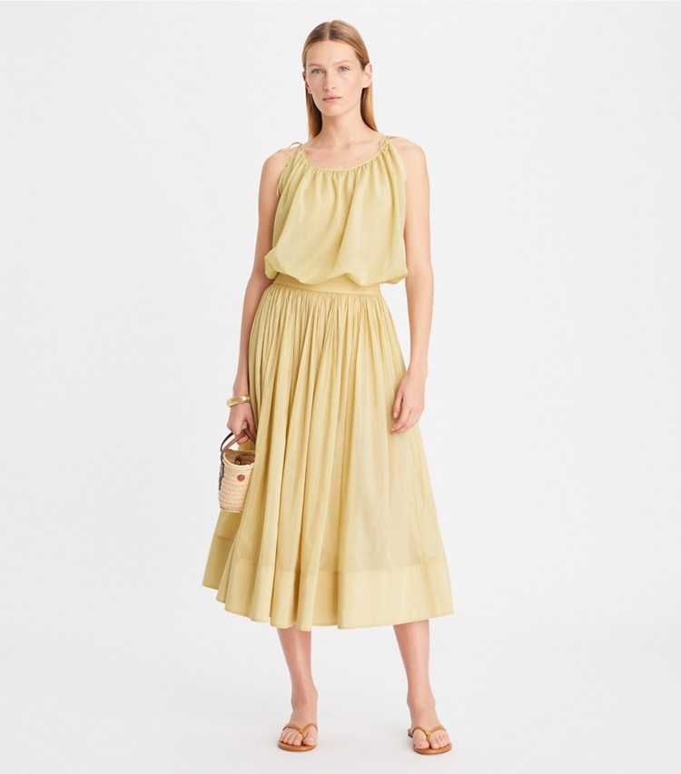 Tory Burch designer coverups Cotton Silk Mid-Length Skirt in Pale Khaki on model front