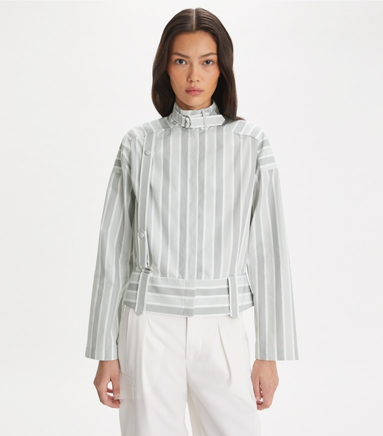 Tory Burch designer tops Cotton Striped Shirt in Gray Classic Striped on model detail