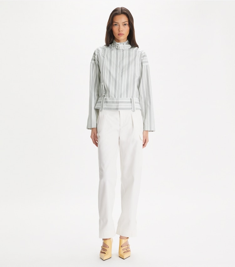 Tory Burch designer tops Cotton Striped Shirt in Gray Classic Striped on model front