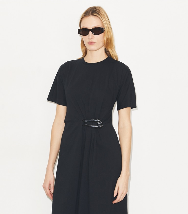 Tory Burch designer dresses Cotton T-Shirt Dress in Black on model detail