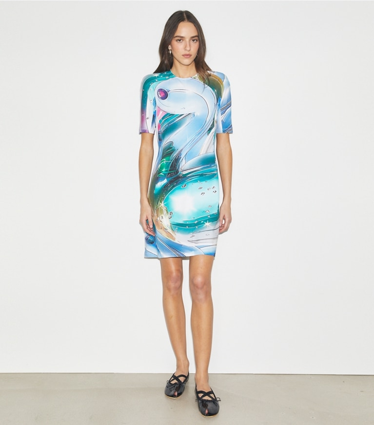 Tory Burch designer dresses Cotton T-Shirt Dress in Blue Glass Swan front