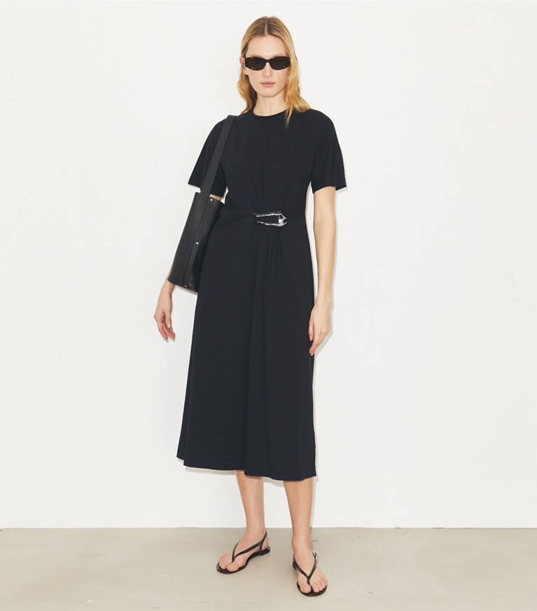 Tory Burch designer dresses Cotton T-Shirt Dress in Black on model front