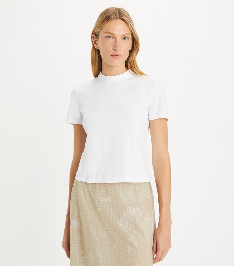 Tory Burch designer tops Cotton T-Shirt in White on model detail