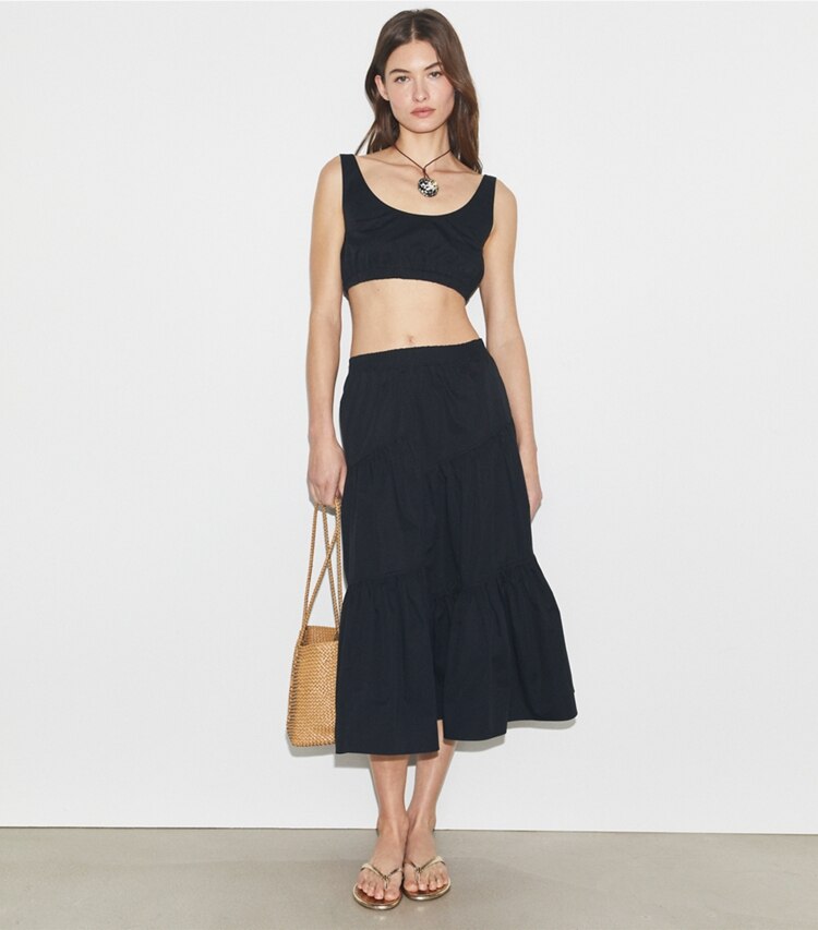 Tory Burch designer coverups Cotton Tank Crop Top in Black on model front