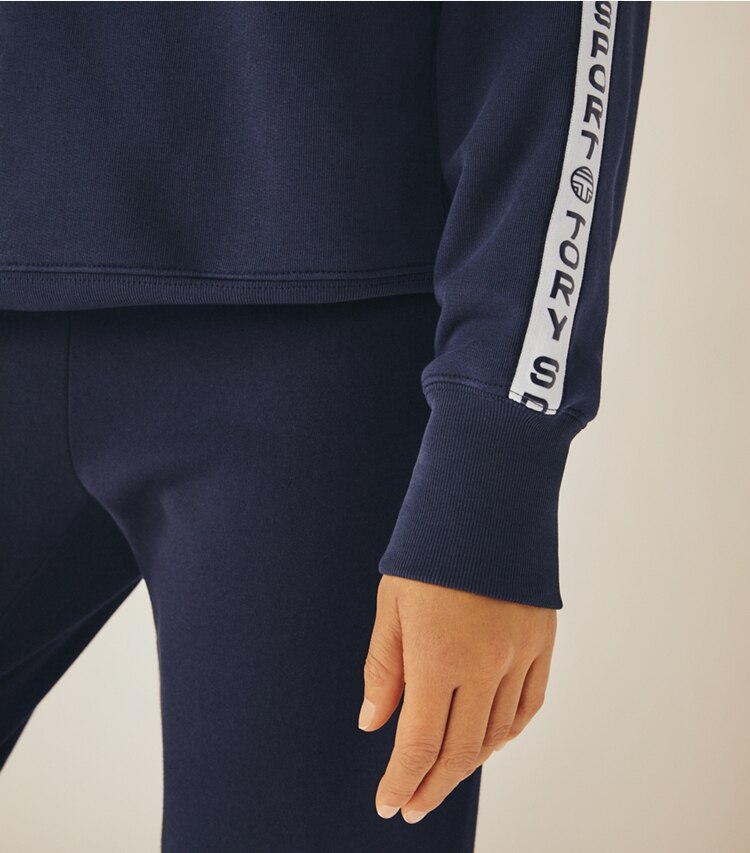 Tory Sport designer bottoms Cotton Terry Sweatpants in Tory Navy on model detail